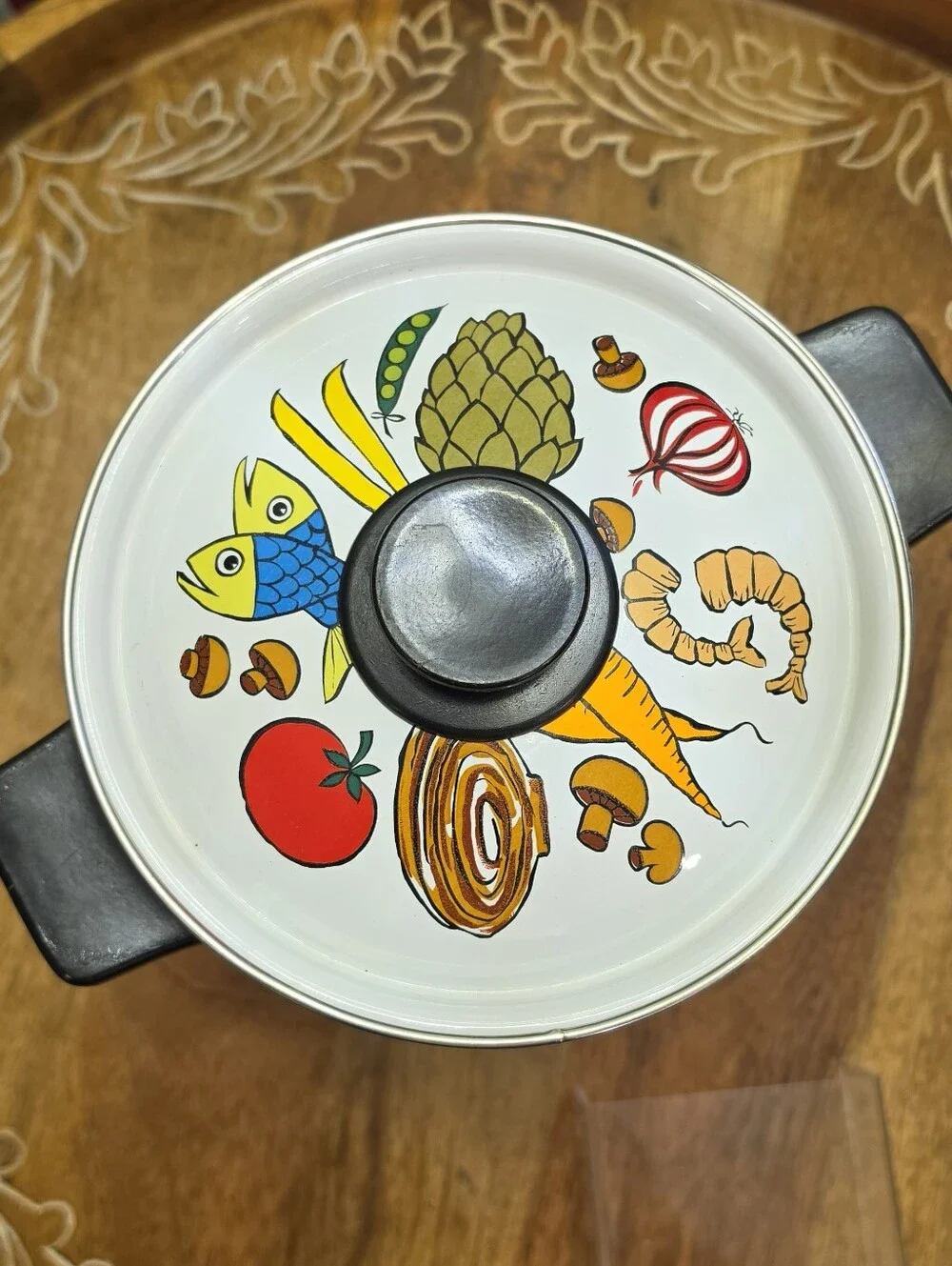 Vintage San Ignacio Nantucket 4 Qt Enamel Stock Pot Lid Spain Seafood Lobster MC